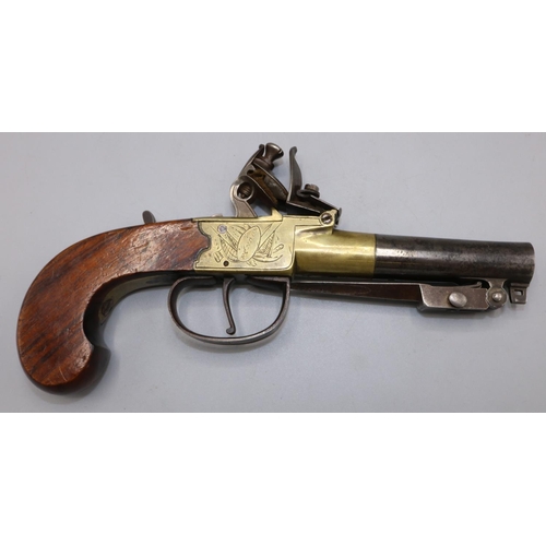 601 - Twigg of London flintlock pocket pistol with engraved brass action, 2 1/2