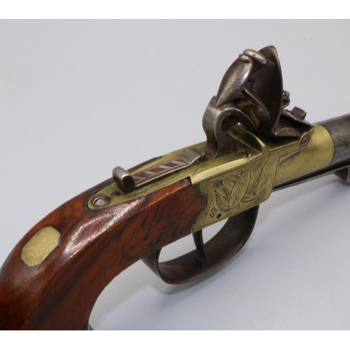 601 - Twigg of London flintlock pocket pistol with engraved brass action, 2 1/2