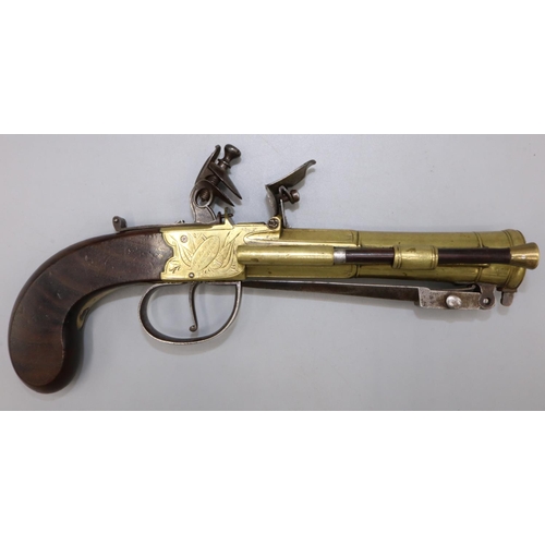 603 - W.Parker of Holborn London Flintlock coat pistol, with brass action and staged cannon barrel with sl... 