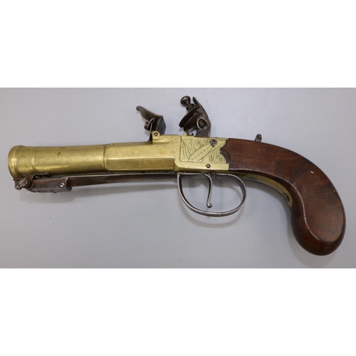 603 - W.Parker of Holborn London Flintlock coat pistol, with brass action and staged cannon barrel with sl... 