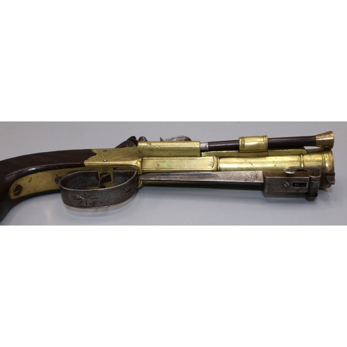 603 - W.Parker of Holborn London Flintlock coat pistol, with brass action and staged cannon barrel with sl... 