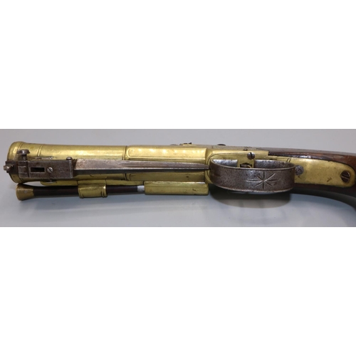 603 - W.Parker of Holborn London Flintlock coat pistol, with brass action and staged cannon barrel with sl... 