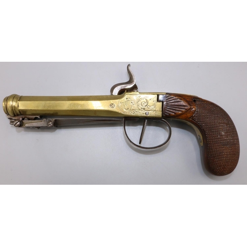 604 - Belgian Percussion cap pocket pistol, brass action and cannon barrel with Liege proof mark, trigger ... 