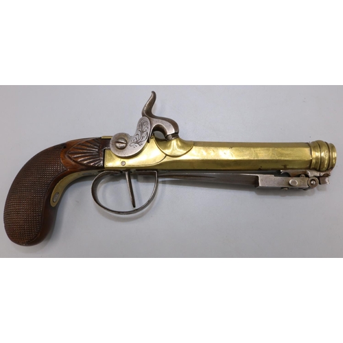 604 - Belgian Percussion cap pocket pistol, brass action and cannon barrel with Liege proof mark, trigger ... 