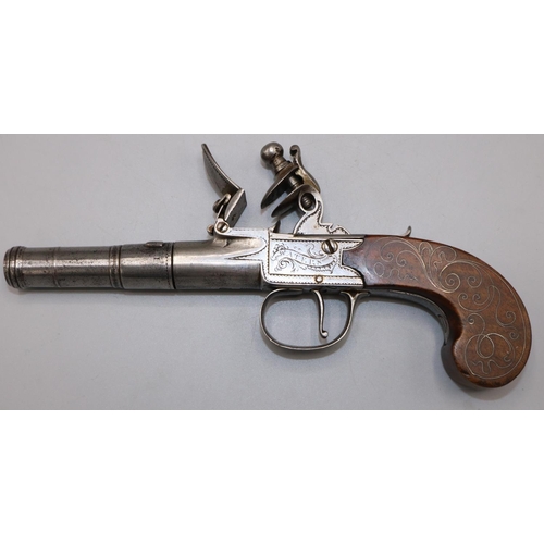 Waters Flintlock pocket pistol with 2 1/2" turn off cannon barrel, visible proof marks and topslide safety, grip with wirework inlay and cartouche. (19.5cm overall)