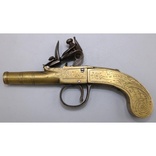 608 - W.Bond of London pocket or muff type all brass flintlock pistol with 1 1/4