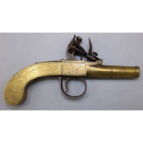 608 - W.Bond of London pocket or muff type all brass flintlock pistol with 1 1/4