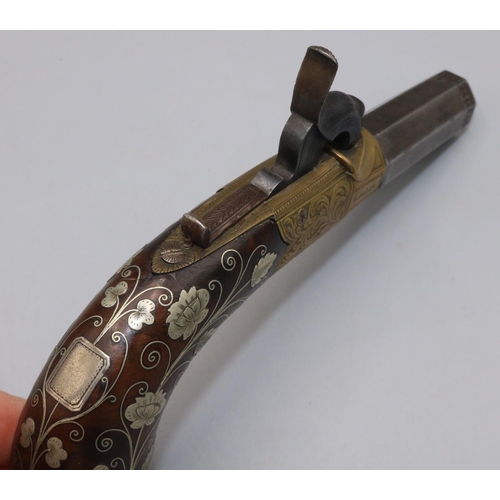 610 - Smith of London percussion cap pocket pistol, with semi round brass action elaborately decorated wit... 