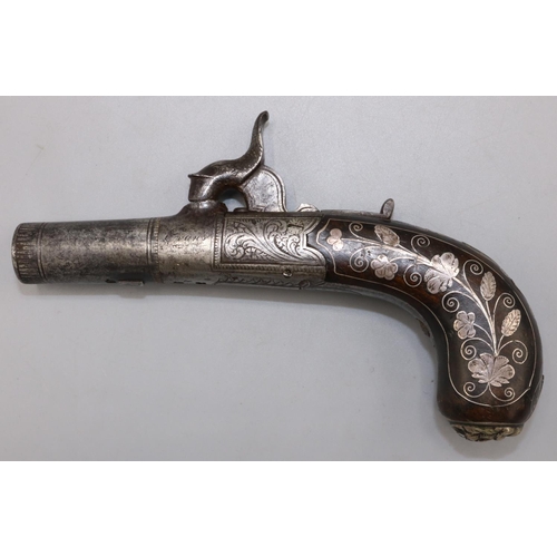 Evans percussion cap pocket pistol, engraved round action with folding trigger and visible proof marks and 38, 1 1/2" turn off rifled barrel, grip with elaborate white metal floral inlay and lion mask butt cap, dolphin hammer (chip to cup) (15cm overall)