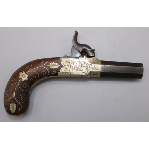 612 - Sherwood of London percussion cap pocket pistol, engraved action with proof marks and folding trigge... 