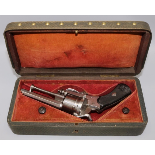 616 - Cased six shot pinfire revolver, 3 1/4