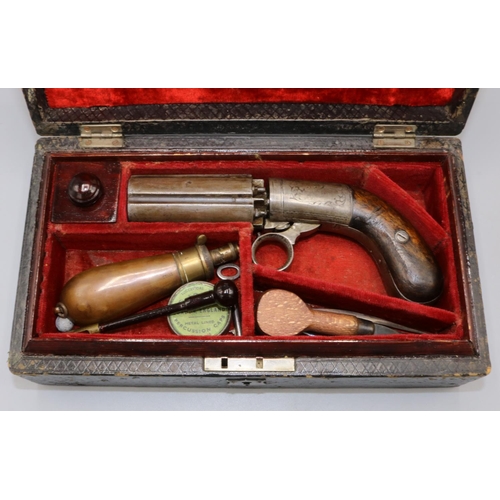 621 - Cased English six shot percussion pepperbox revolver, 3