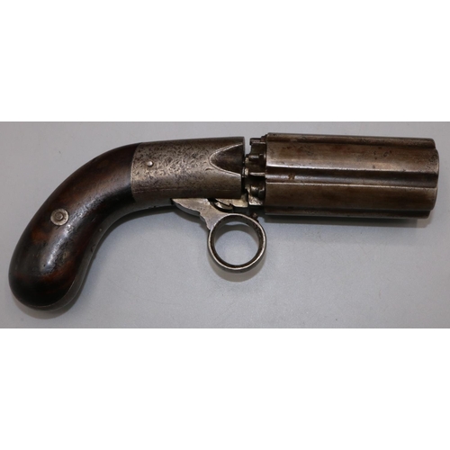 621 - Cased English six shot percussion pepperbox revolver, 3