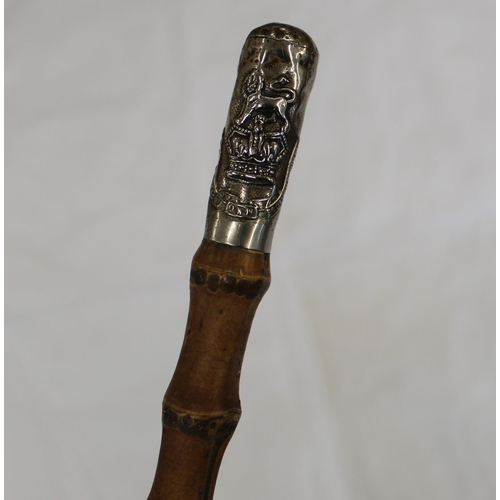 707 - Bamboo Swagger stick with metal top and the Kings own Scottish Borders Regimental Coat of arms. 64cm... 