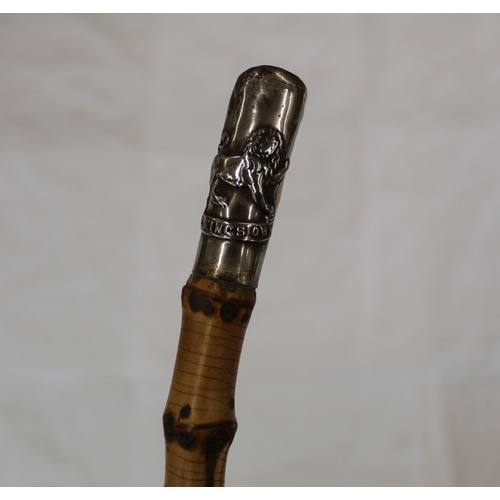 707 - Bamboo Swagger stick with metal top and the Kings own Scottish Borders Regimental Coat of arms. 64cm... 