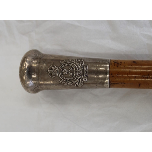 709 - Regimental walking stick in Malacca wood with metal tip and white metal top with The Lancashire Fusi... 