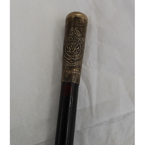 709 - Regimental walking stick in Malacca wood with metal tip and white metal top with The Lancashire Fusi... 