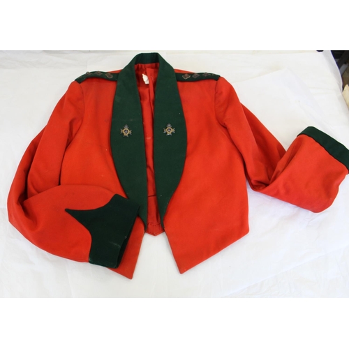 725 - Officers Mess Jacket in red and with green lapels and cuffs. green matching waistcoat. Rank of Capta... 