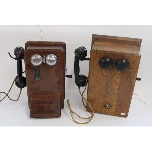 783 - Early to mid C20th hand crank operated wall mounted wooden telephone boxes, max H42cm (2)