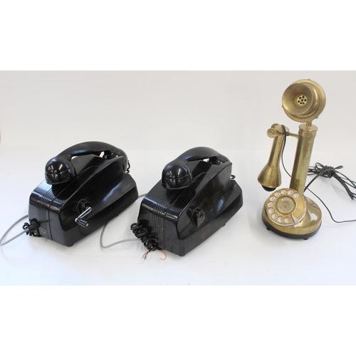 787 - Pair of Art Deco black bakelite telephones with hand crank operation and a brass stick telephone (3)