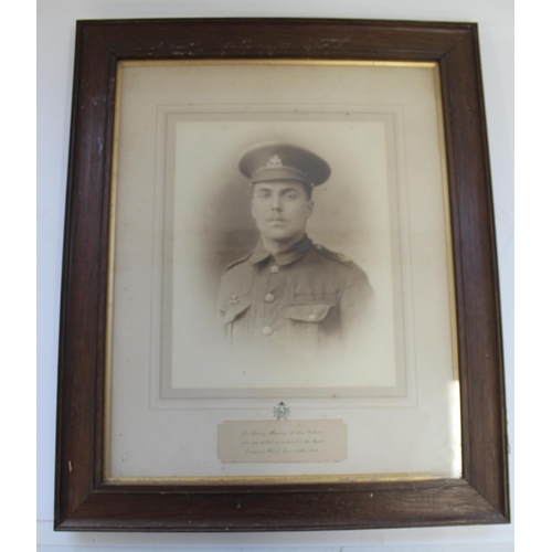 744 - Framed photograph of Gilbert of the Sherwood Foresters in full military uniform. Killed in action Ju... 