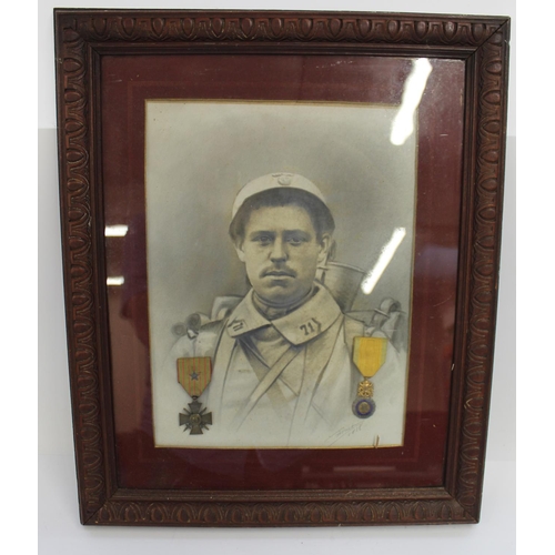 745 - Framed portrait of of a French infantry soldier in full combat uniform. Also with Croix de Guerre an... 