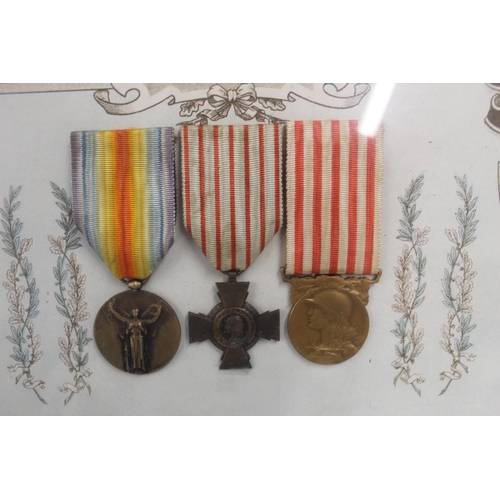 745 - Framed portrait of of a French infantry soldier in full combat uniform. Also with Croix de Guerre an... 