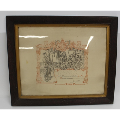 746 - Framed certificate of Honourary discharge to Co SGT MAJOR HERBERT LAURANCE 1917. Frame64cmx54cm