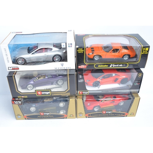 298 - 6x boxed diecast 1/18 scale Lamborghini and Maserati car models to include Burago Maserati 3200 GT (... 