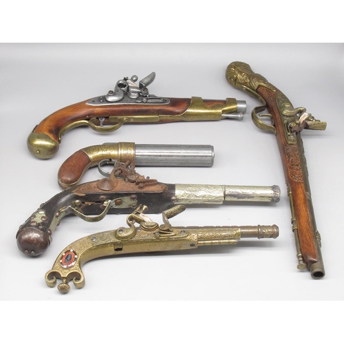 631 - 4 reproduction/imitation flintlock pistols and a reproduction pepper shot pistol