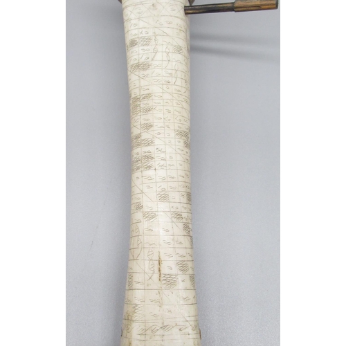 643 - Indonesian bone and hardwood blow dart holder, with ornate 'scrimshaw' work to bone body and figural... 