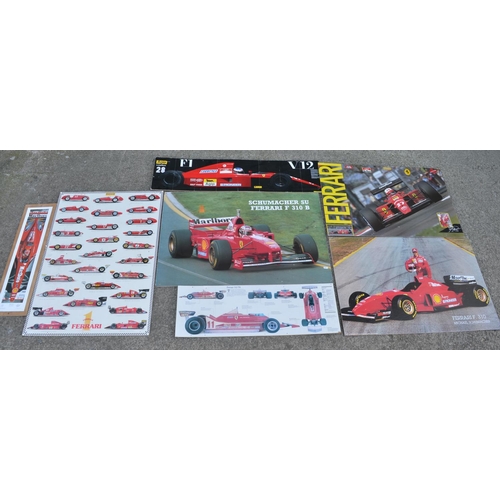 437 - Collection of large wood and hardboard backed prints and Ferrari related posters. Included a signed ... 