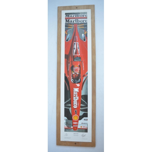 437 - Collection of large wood and hardboard backed prints and Ferrari related posters. Included a signed ... 