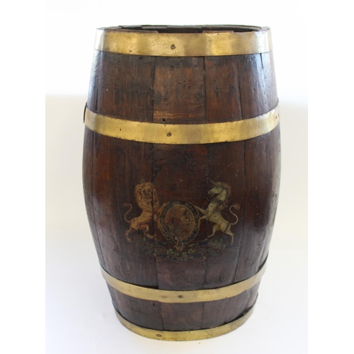 765 - Large Royal Navy Cooped Oak water barrel with brass hoops and copper rivets. With the Royal Coat of ... 