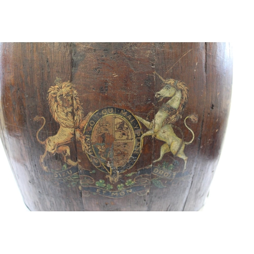 765 - Large Royal Navy Cooped Oak water barrel with brass hoops and copper rivets. With the Royal Coat of ... 