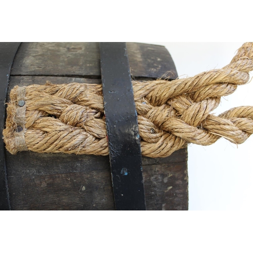 767 - Royal Naval cooped oak Grog barrel with iron hoops, wood bung and rope handles. 61cm wide