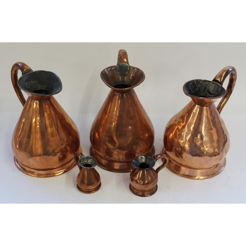 773 - Set of 5 copper jugs consisting of x3 1 Gallon, Gill and a 1/2 Gill