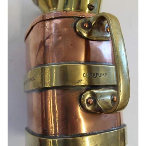 775A - C20th West Riding County Council 'Chekpump' Quart 20 degrees C brass and copper petrol can