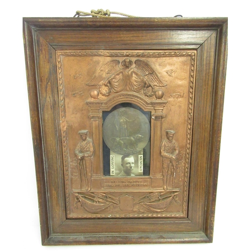 651 - WWI Memorial oak frame with cast plaster bronze finish, containing The Death Penny given to the fami... 