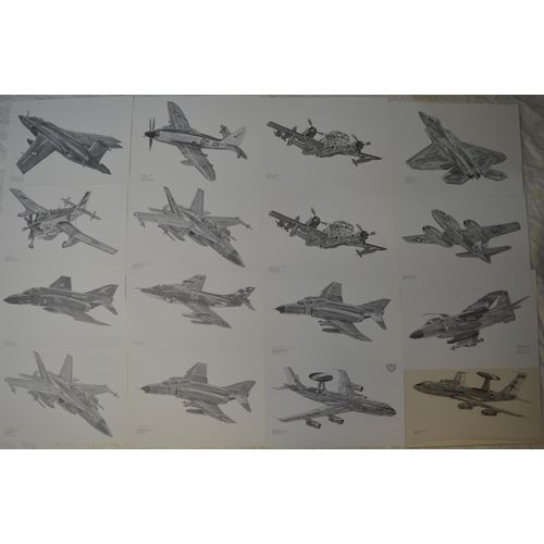 750A - Collection of over 100 post war/Cold War and modern era related aviation pencil sketch prints by Geo... 