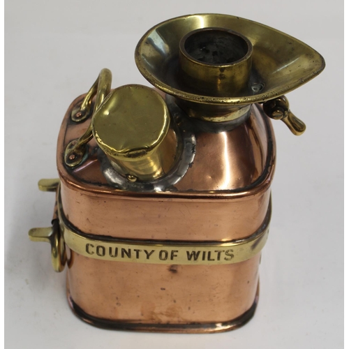 775B - C20th County of Wiltshire 1/2 Gallon 'CHEK PUMP' brass and copper petrol can. Seriai no' 396