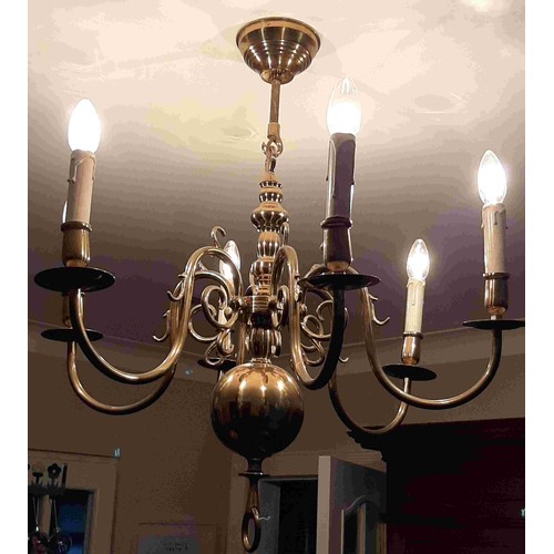 544 - Six branch chandelier with crystal swags and amethyst coloured glass drops, and a brass six branch c... 