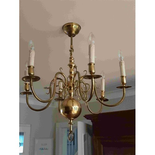 544 - Six branch chandelier with crystal swags and amethyst coloured glass drops, and a brass six branch c... 