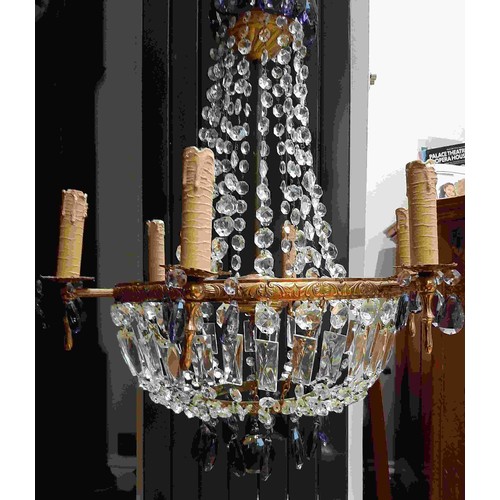 544 - Six branch chandelier with crystal swags and amethyst coloured glass drops, and a brass six branch c... 