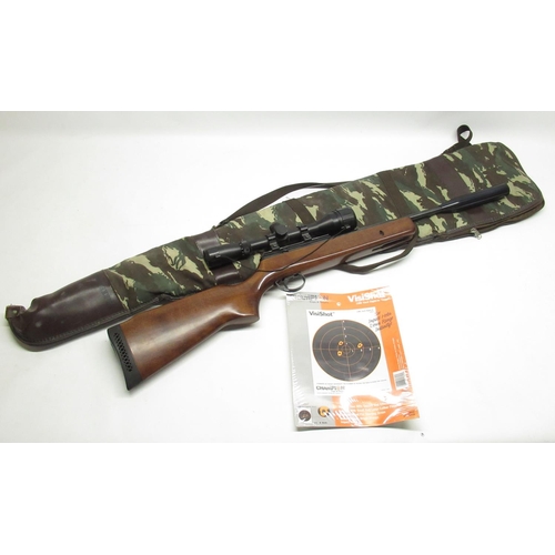 280 - BSA .22 break barrel air rifle with quality mounted scope, and camouflaged gun carry bag