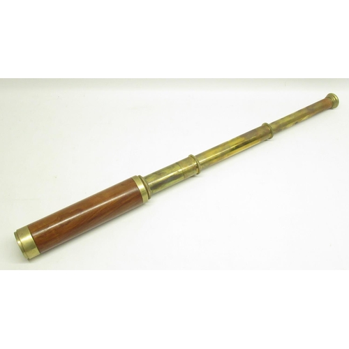 289 - C20th three draw brass and wood telescope, L81cm