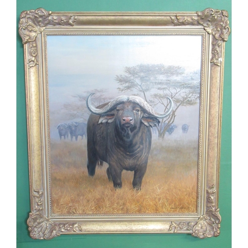 294 - Elizabeth M Halstead (British C20th); Water Buffalo with herd in a landscape, oil on board, signed a... 