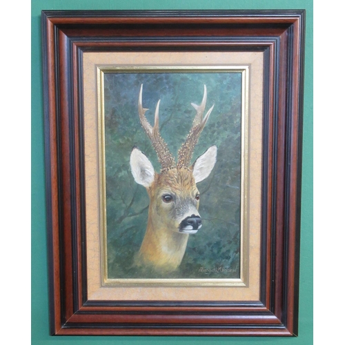 297 - Elizabeth M Halstead (British C20th); Roe Buck, oil on board, signed, 28cm x 18cm