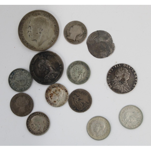 168 - Small selection of GB silver content coinage incl. a 1787 Geo. III silver sixpence