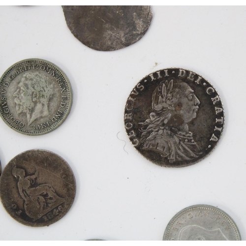 168 - Small selection of GB silver content coinage incl. a 1787 Geo. III silver sixpence